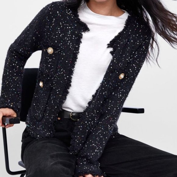Zara Jackets & Blazers - Zara shimmery knit frayed jacket in navy, S